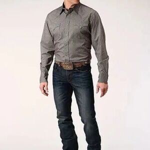 Roper Men's Gray Broken Diamond Print Long Sleeve Button Up Western Shirt Size M